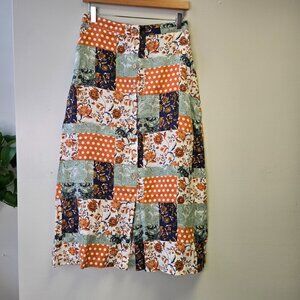 Patchwork Floral Linen A-Line Midi Skirt Gypsy Boho Cottagecore Multicolor Women